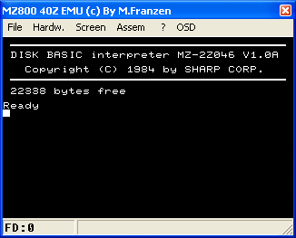 Disk BASIC MZ-2Z046 loaded by the emulator