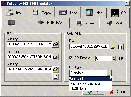Setup parameters for the ROM / RAM