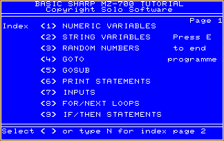 Selection screen of the MZ-700 BASIC Tutorial