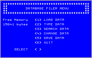 The selection screen of the Data Base Filer
