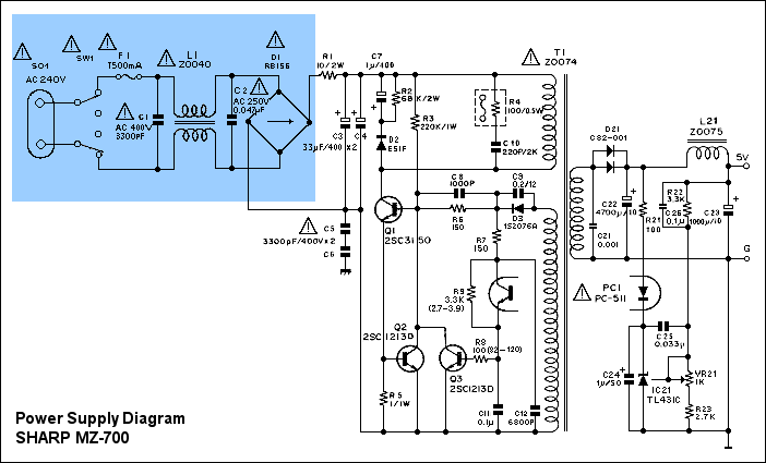Schematic diagram of the MZ-700 Power Supply Unit 